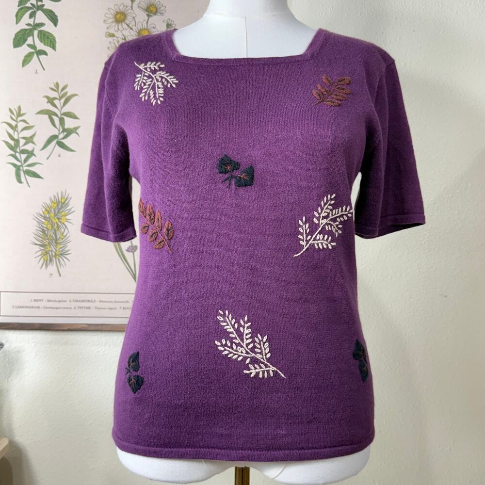 Vtg 90s Y2k Embroidered Leaves Knit Top Whimsigoth Dark Fairy Witchy Forest S M